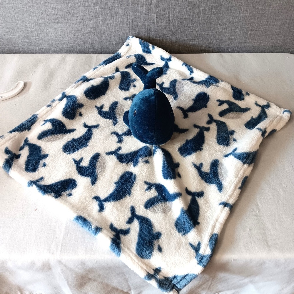 HB Baby Blue White Whale Lovey Plush‎ Security Blanket HTF Nautical Nursery